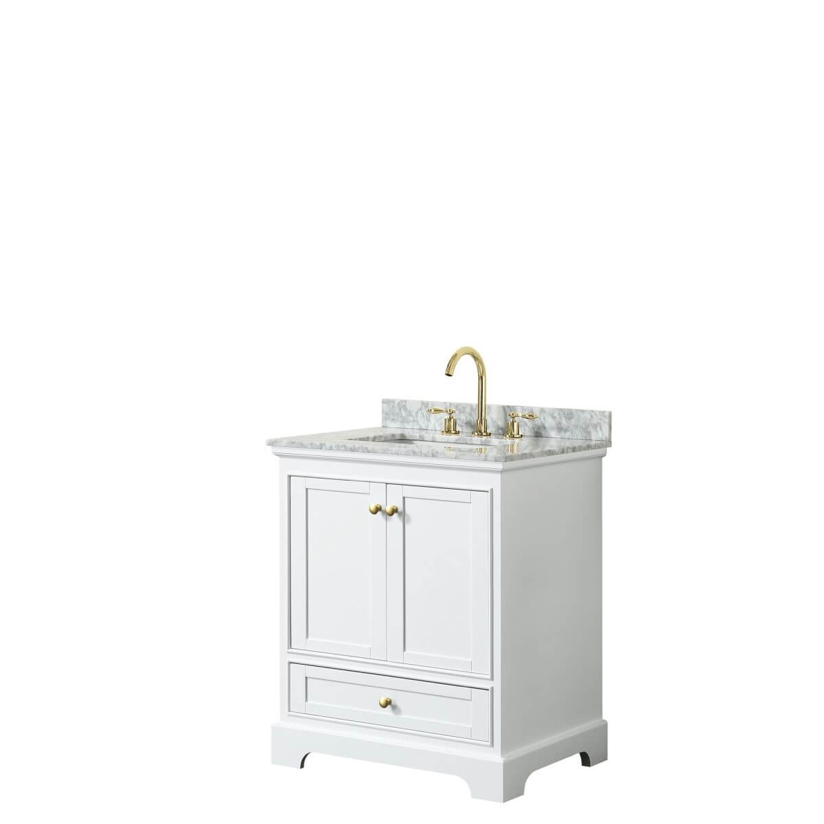 Wyndham Collection Deborah 30 inch Single Bathroom Vanity in White with White Carrara Marble Countertop, Undermount Square Sink, Brushed Gold Trim and No Mirror - WCS202030SWGCMUNSMXX