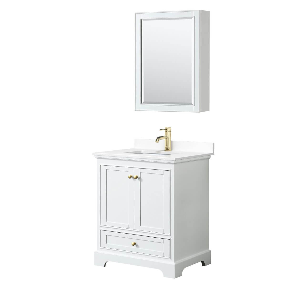 Wyndham Collection Deborah 30 inch Single Bathroom Vanity in White with White Cultured Marble Countertop, Undermount Square Sink, Brushed Gold Trim and Medicine Cabinet - WCS202030SWGWCUNSMED
