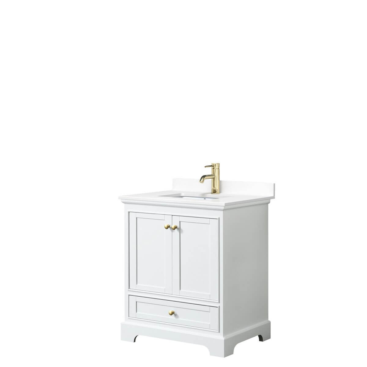 Wyndham Collection Deborah 30 inch Single Bathroom Vanity in White with White Cultured Marble Countertop, Undermount Square Sink, Brushed Gold Trim and No Mirror - WCS202030SWGWCUNSMXX