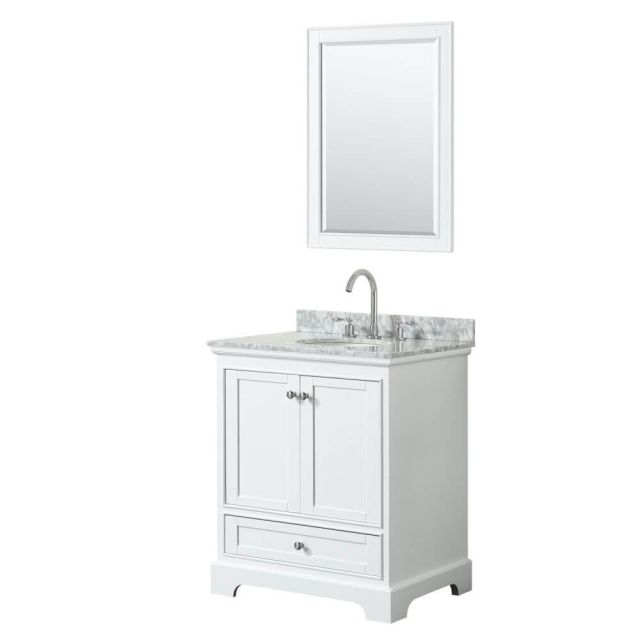 Wyndham Collection Deborah 30 inch Single Bath Vanity in White with White Carrara Marble Countertop, Undermount Oval Sink and 24 inch Mirror - WCS202030SWHCMUNOM24