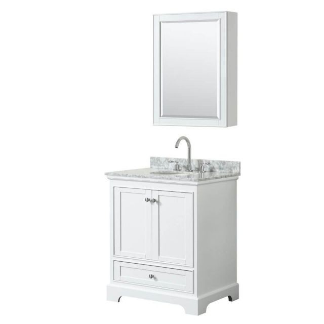 Wyndham Collection Deborah 30 inch Single Bath Vanity in White with White Carrara Marble Countertop, Undermount Oval Sink and Medicine Cabinet - WCS202030SWHCMUNOMED