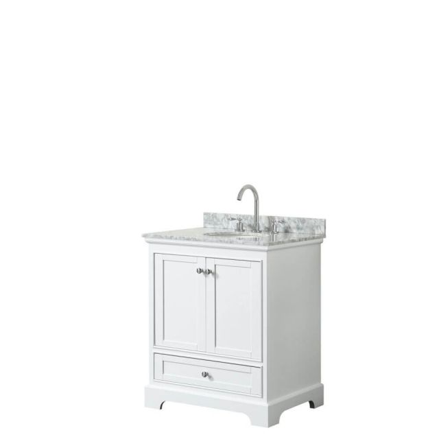 Wyndham Collection Deborah 30 inch Single Bath Vanity in White with White Carrara Marble Countertop and Undermount Oval Sink - WCS202030SWHCMUNOMXX