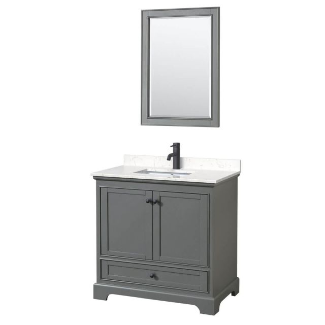 Wyndham Collection Deborah 36 inch Single Bathroom Vanity in Dark Gray with Carrara Cultured Marble Countertop, Undermount Square Sink, Matte Black Trim and 24 Inch Mirror WCS202036SGBC2UNSM24