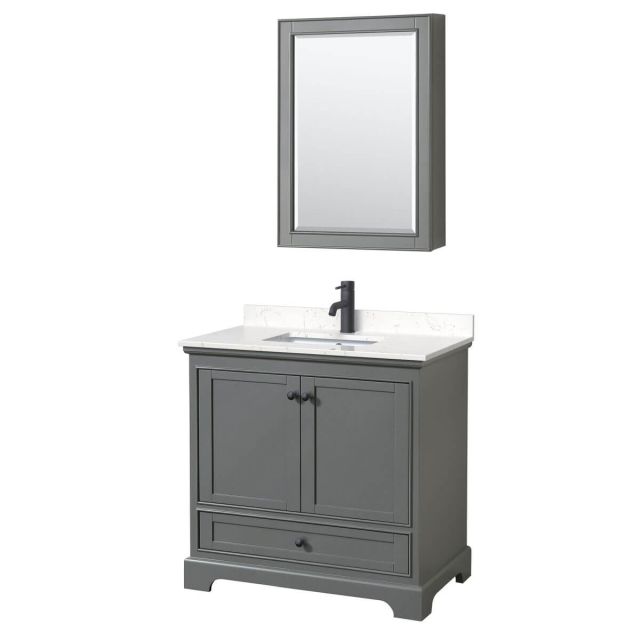 Wyndham Collection Deborah 36 inch Single Bathroom Vanity in Dark Gray with Carrara Cultured Marble Countertop, Undermount Square Sink, Matte Black Trim and Medicine Cabinet WCS202036SGBC2UNSMED