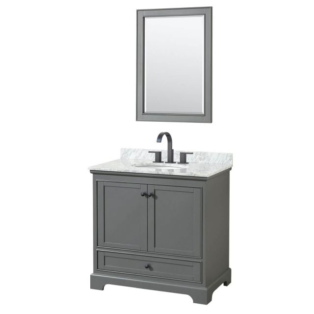 Wyndham Collection Deborah 36 inch Single Bathroom Vanity in Dark Gray with White Carrara Marble Countertop, Undermount Oval Sink, Matte Black Trim and 24 Inch Mirror WCS202036SGBCMUNOM24