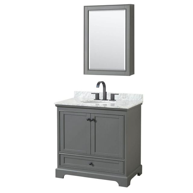 Wyndham Collection Deborah 36 inch Single Bathroom Vanity in Dark Gray with White Carrara Marble Countertop, Undermount Oval Sink, Matte Black Trim and Medicine Cabinet WCS202036SGBCMUNOMED