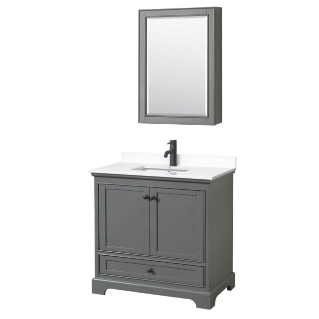 Wyndham Collection Deborah 36 inch Single Bathroom Vanity in Dark Gray with White Cultured Marble Countertop, Undermount Square Sink, Matte Black Trim and Medicine Cabinet WCS202036SGBWCUNSMED