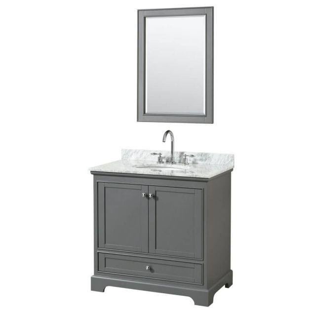 Wyndham Collection Deborah 36 inch Single Bath Vanity in Dark Gray with White Carrara Marble Countertop, Undermount Oval Sink and 24 inch Mirror - WCS202036SKGCMUNOM24