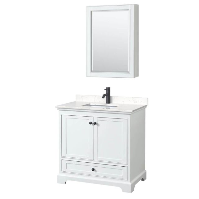 Wyndham Collection Deborah 36 inch Single Bathroom Vanity in White with Carrara Cultured Marble Countertop, Undermount Square Sink, Matte Black Trim and Medicine Cabinet WCS202036SWBC2UNSMED