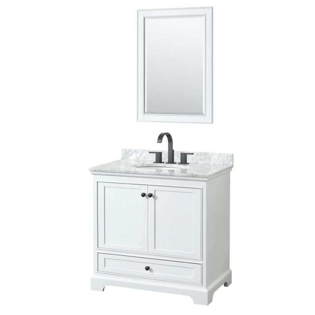 Wyndham Collection Deborah 36 inch Single Bathroom Vanity in White with White Carrara Marble Countertop, Undermount Oval Sink, Matte Black Trim and 24 Inch Mirror WCS202036SWBCMUNOM24