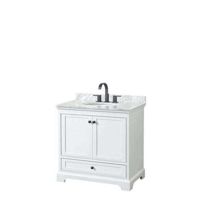 Wyndham Collection Deborah 36 inch Single Bathroom Vanity in White with White Carrara Marble Countertop, Undermount Oval Sink and Matte Black Trim WCS202036SWBCMUNOMXX