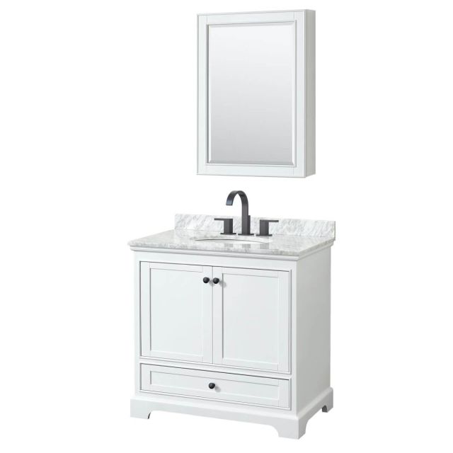 Wyndham Collection Deborah 36 inch Single Bathroom Vanity in White with White Carrara Marble Countertop, Undermount Square Sink, Matte Black Trim and Medicine Cabinet WCS202036SWBCMUNSMED