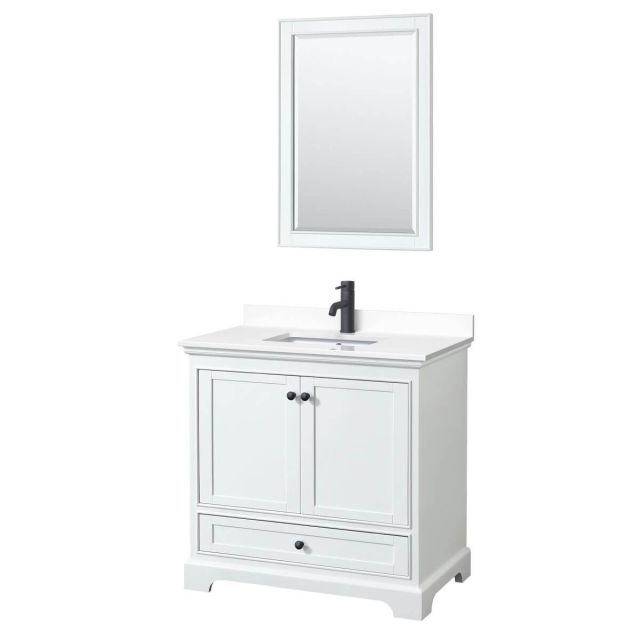 Wyndham Collection Deborah 36 inch Single Bathroom Vanity in White with White Cultured Marble Countertop, Undermount Square Sink, Matte Black Trim and 24 Inch Mirror WCS202036SWBWCUNSM24