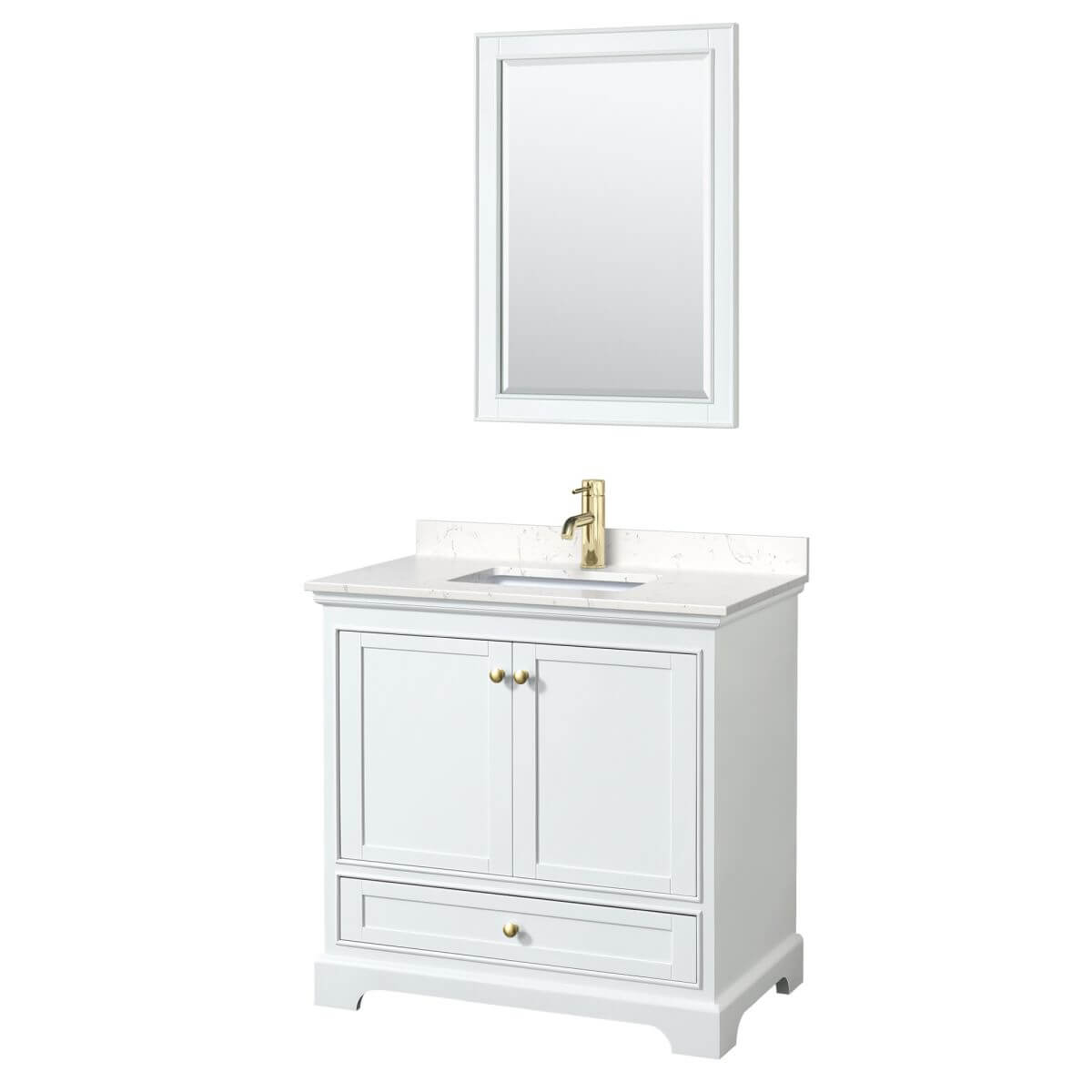 Wyndham Collection Deborah 36 inch Single Bathroom Vanity in White with Carrara Cultured Marble Countertop, Undermount Square Sink, Brushed Gold Trim and 24 inch Mirror - WCS202036SWGC2UNSM24