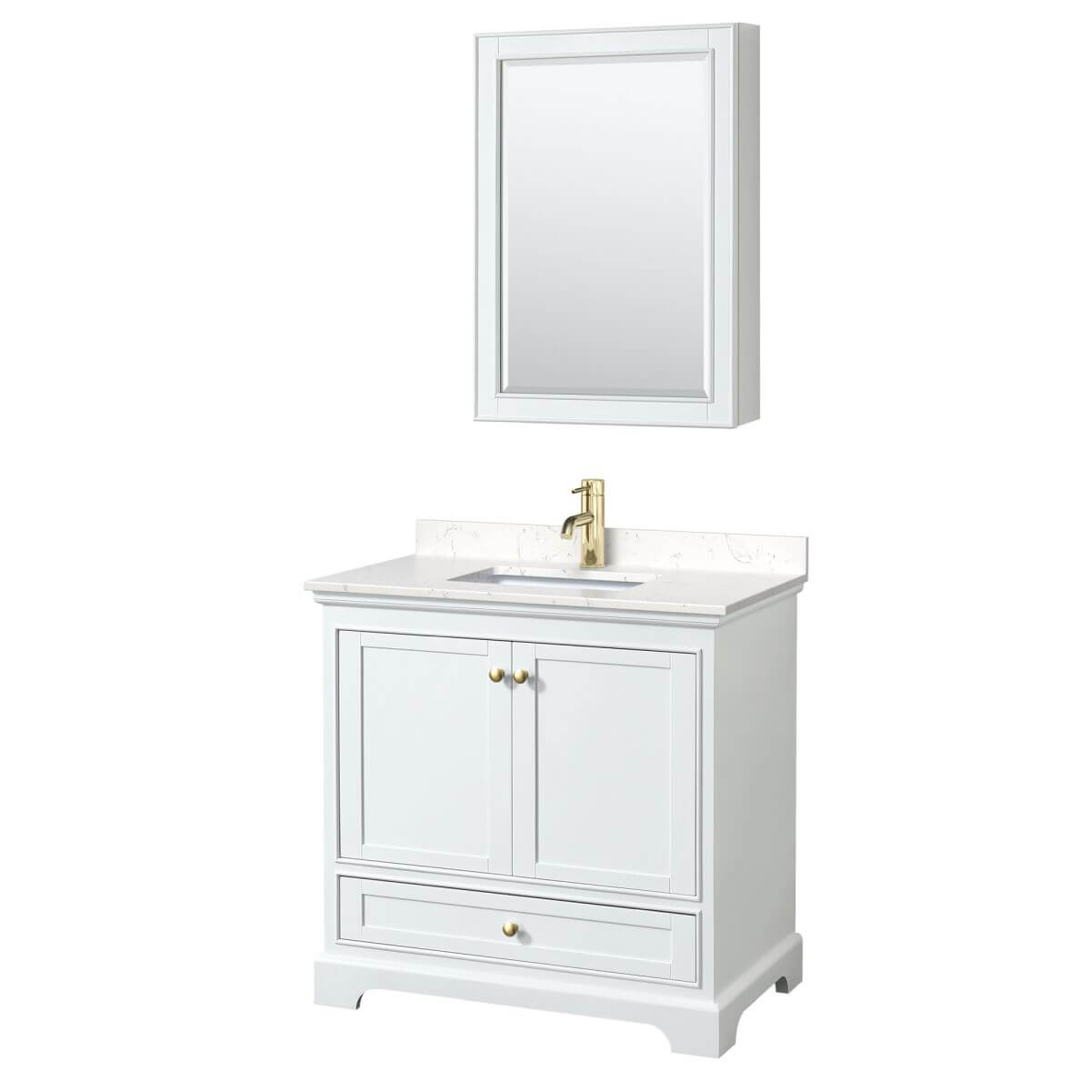 Wyndham Collection Deborah 36 inch Single Bathroom Vanity in White with Carrara Cultured Marble Countertop, Undermount Square Sink, Brushed Gold Trim and Medicine Cabinet - WCS202036SWGC2UNSMED