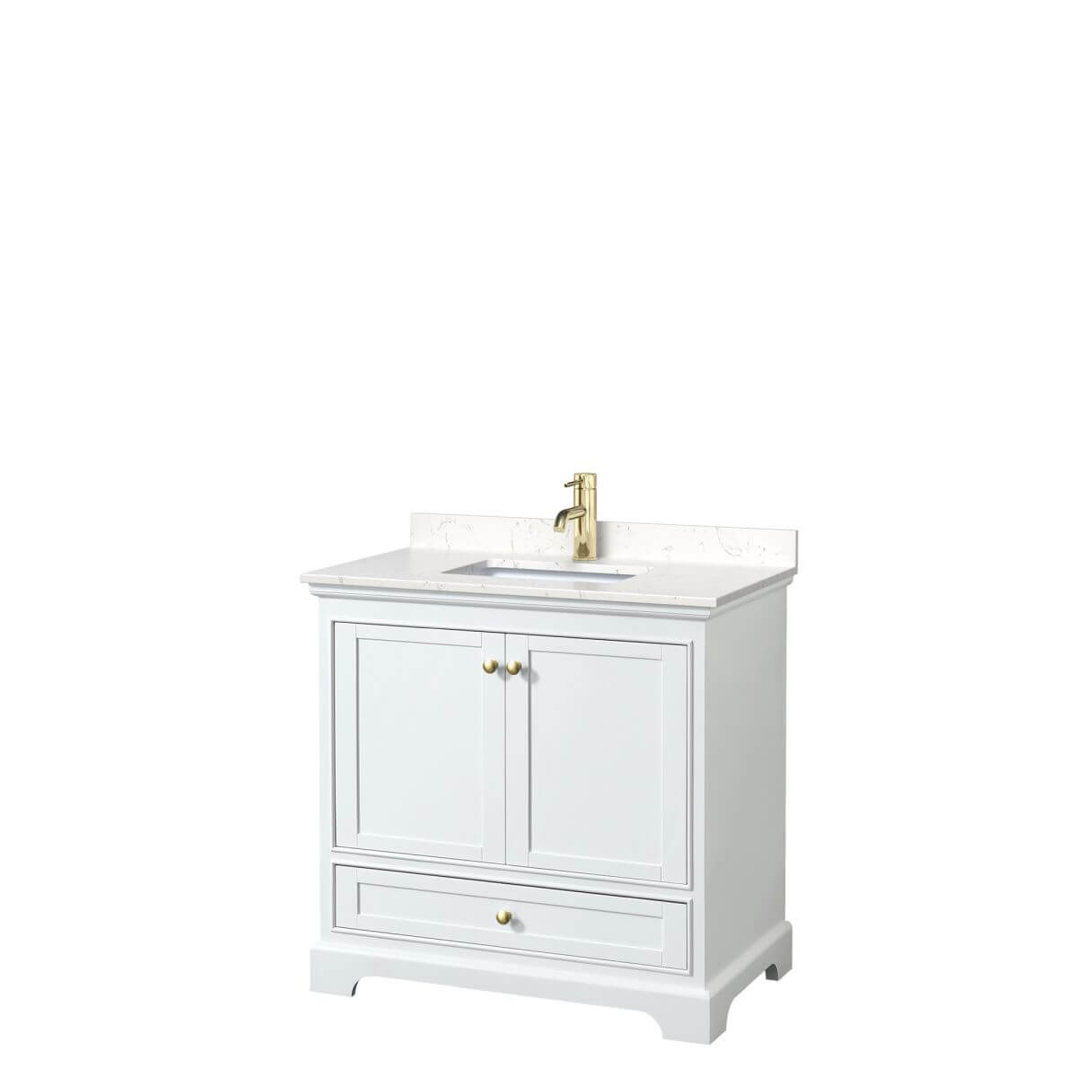 Wyndham Collection Deborah 36 inch Single Bathroom Vanity in White with Carrara Cultured Marble Countertop, Undermount Square Sink, Brushed Gold Trim and No Mirror - WCS202036SWGC2UNSMXX