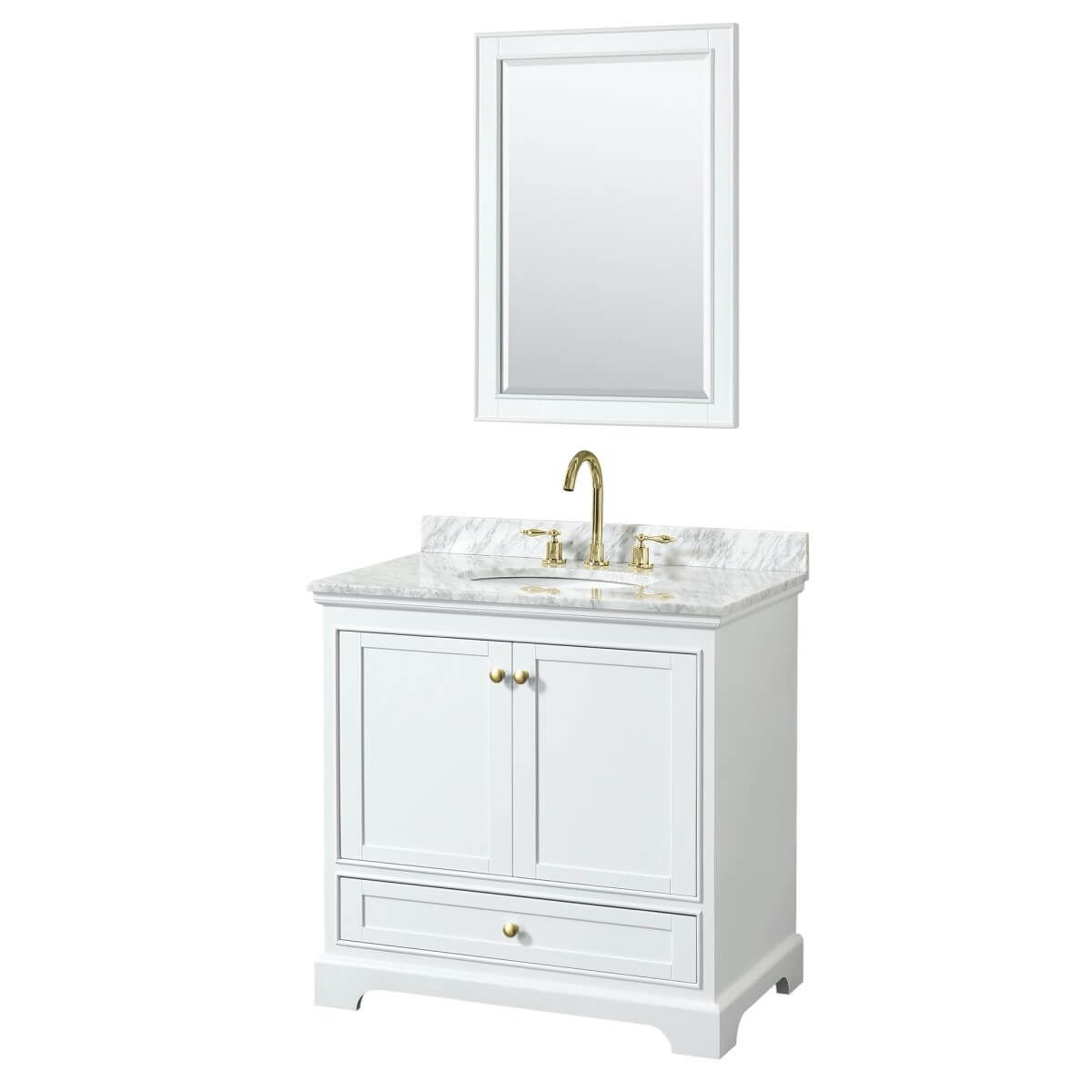 Wyndham Collection Deborah 36 inch Single Bathroom Vanity in White with White Carrara Marble Countertop, Undermount Oval Sink, Brushed Gold Trim and 24 inch Mirror - WCS202036SWGCMUNOM24