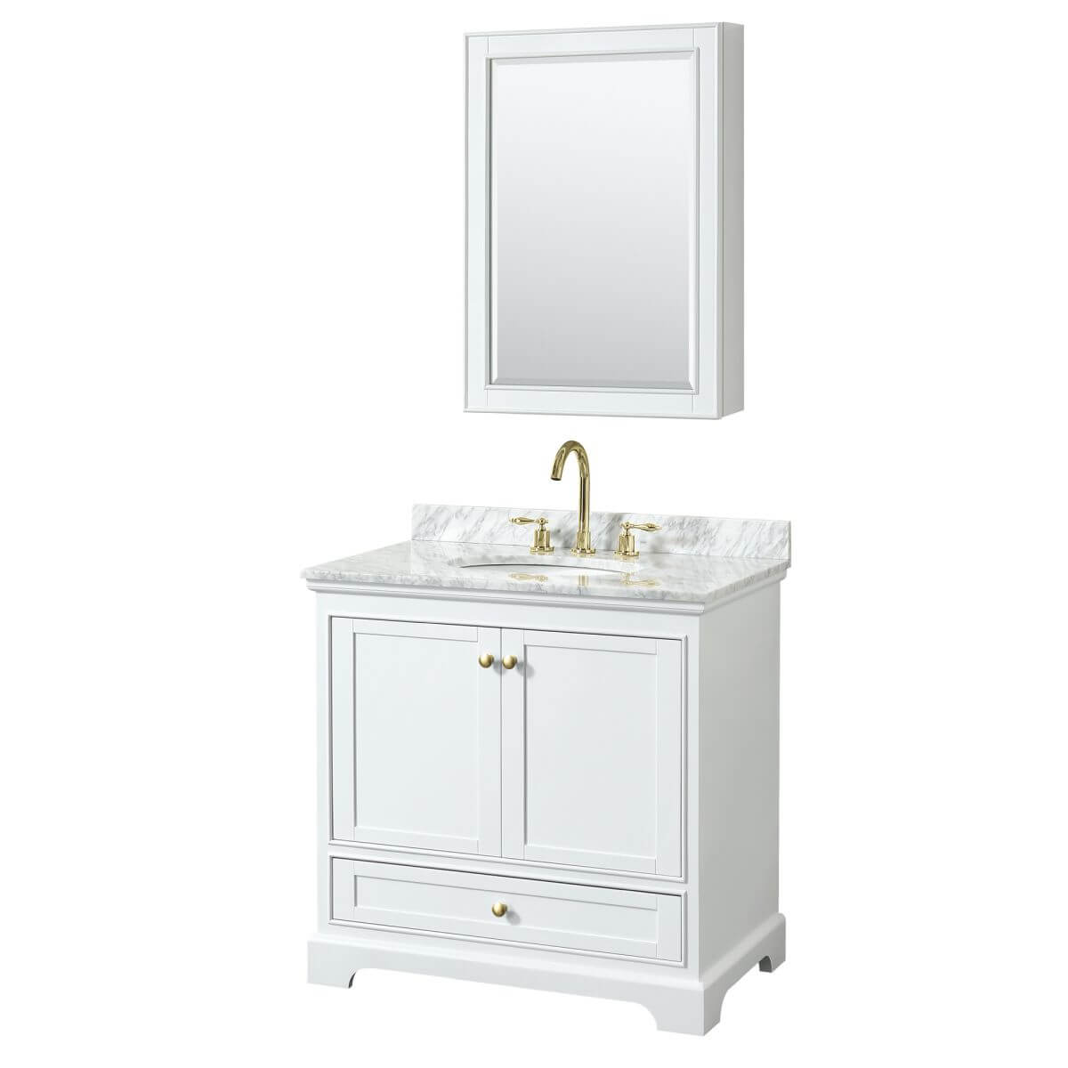 Wyndham Collection Deborah 36 inch Single Bathroom Vanity in White with White Carrara Marble Countertop, Undermount Oval Sink, Brushed Gold Trim and Medicine Cabinet - WCS202036SWGCMUNOMED