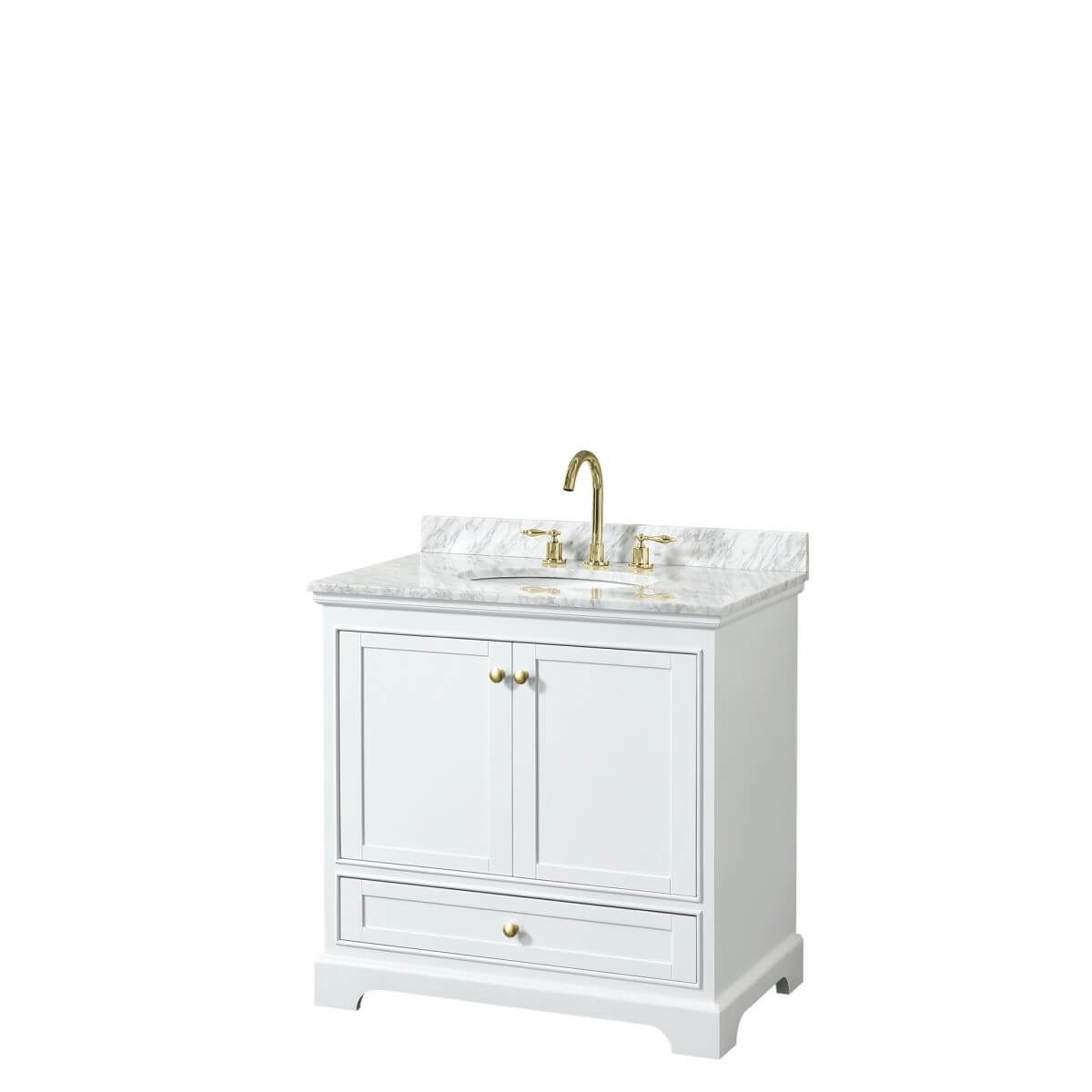 Wyndham Collection Deborah 36 inch Single Bathroom Vanity in White with White Carrara Marble Countertop, Undermount Oval Sink, Brushed Gold Trim and No Mirror - WCS202036SWGCMUNOMXX