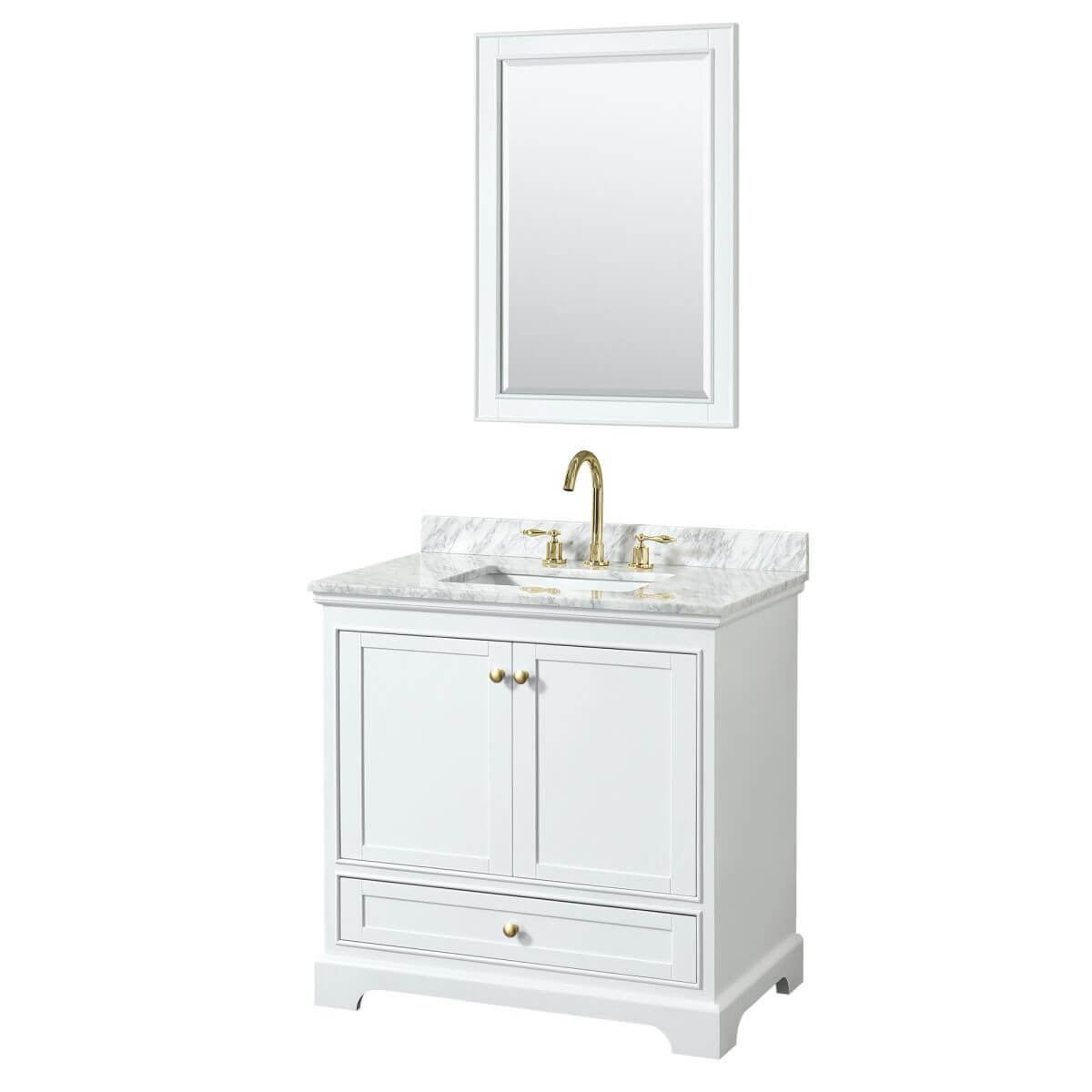 Wyndham Collection Deborah 36 inch Single Bathroom Vanity in White with White Carrara Marble Countertop, Undermount Square Sink, Brushed Gold Trim and 24 inch Mirror - WCS202036SWGCMUNSM24