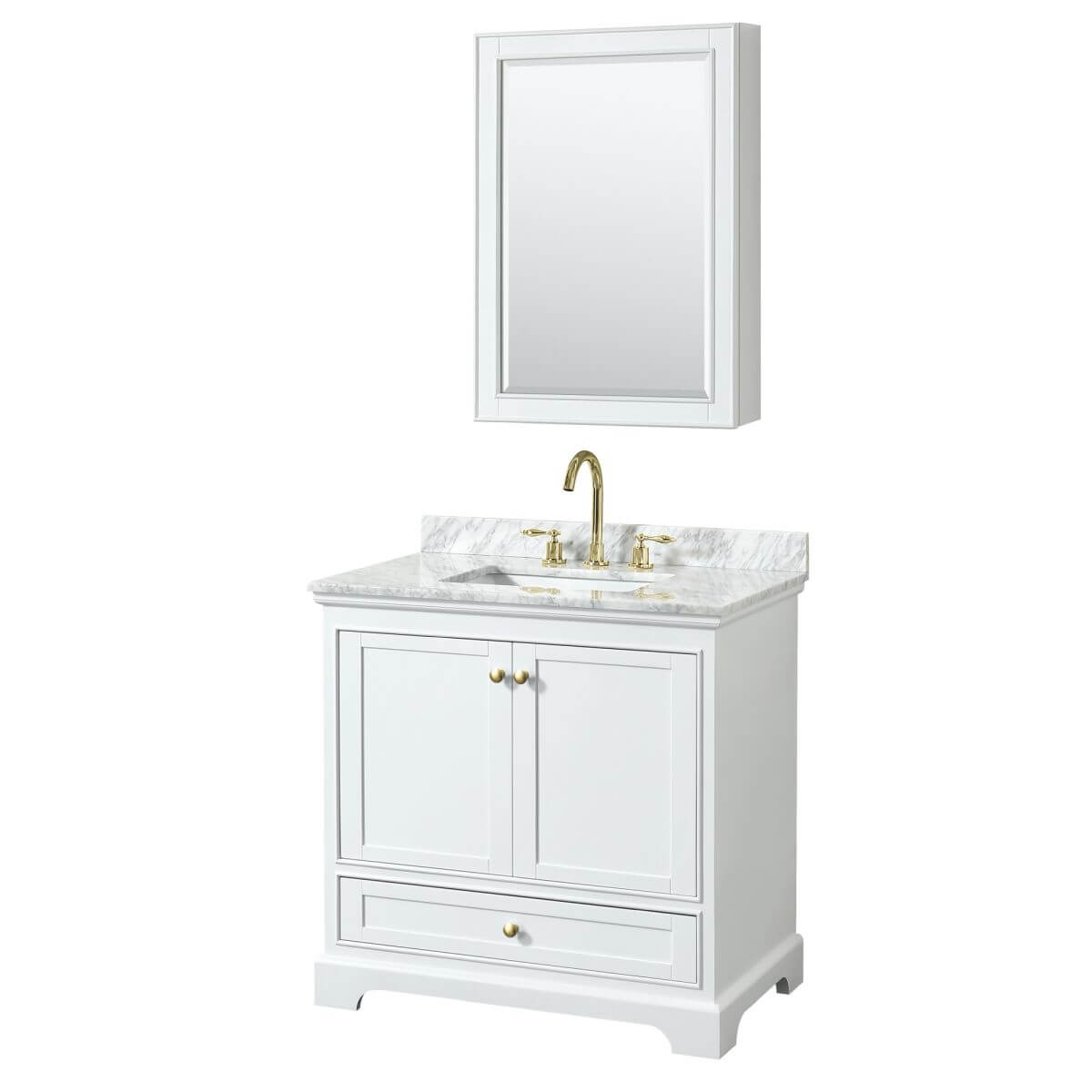 Wyndham Collection Deborah 36 inch Single Bathroom Vanity in White with White Carrara Marble Countertop, Undermount Square Sink, Brushed Gold Trim and Medicine Cabinet - WCS202036SWGCMUNSMED