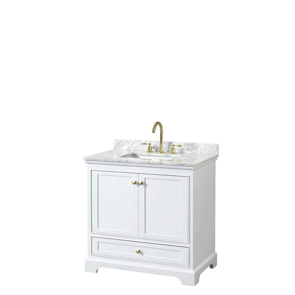 Wyndham Collection Deborah 36 inch Single Bathroom Vanity in White with White Carrara Marble Countertop, Undermount Square Sink, Brushed Gold Trim and No Mirror - WCS202036SWGCMUNSMXX