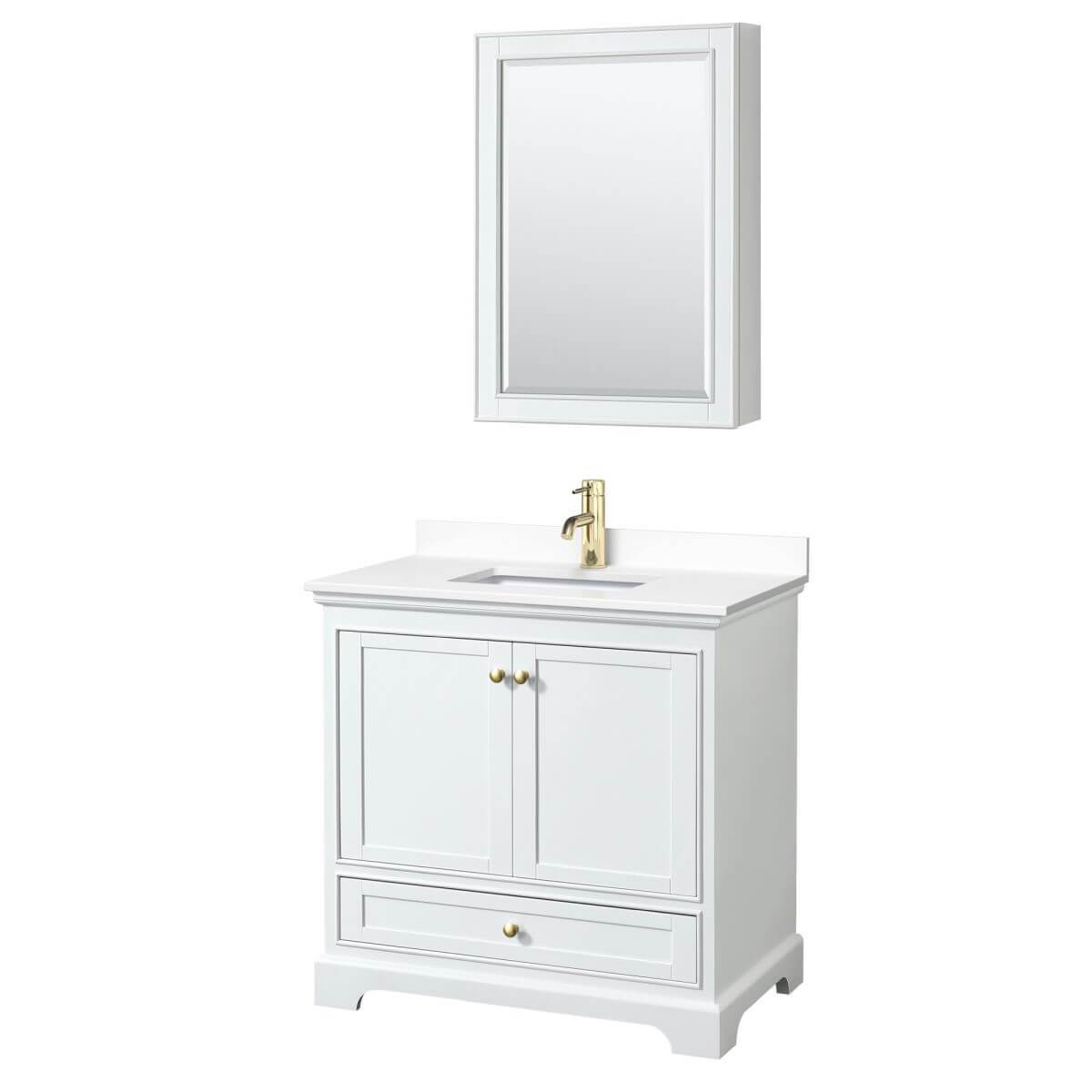 Wyndham Collection Deborah 36 inch Single Bathroom Vanity in White with White Cultured Marble Countertop, Undermount Square Sink, Brushed Gold Trim and Medicine Cabinet - WCS202036SWGWCUNSMED