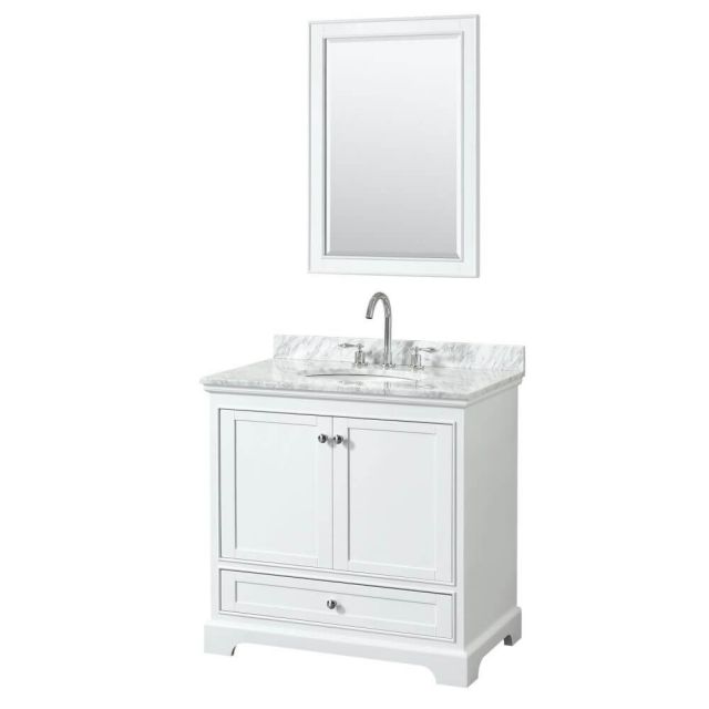 Wyndham Collection Deborah 36 inch Single Bath Vanity in White with White Carrara Marble Countertop, Undermount Oval Sink and 24 inch Mirror - WCS202036SWHCMUNOM24
