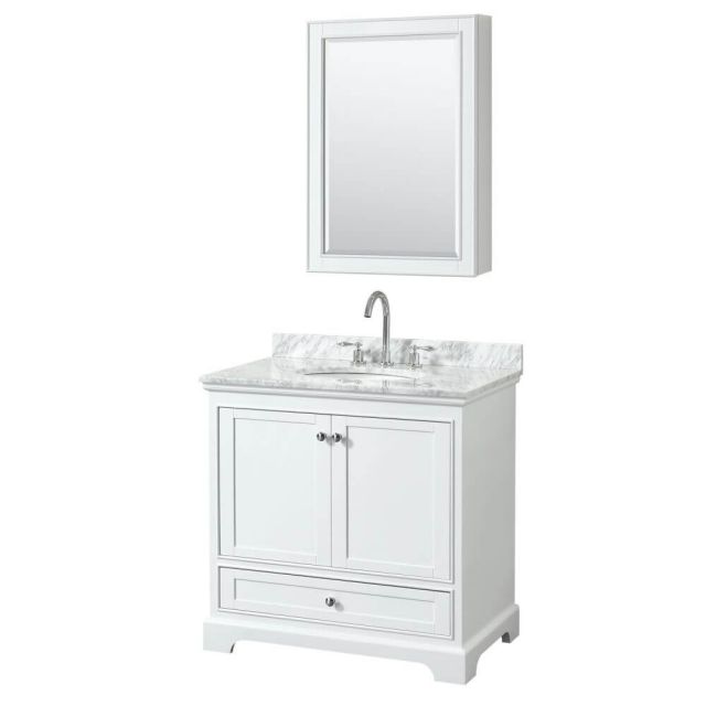 Wyndham Collection Deborah 36 inch Single Bath Vanity in White with White Carrara Marble Countertop, Undermount Oval Sink and Medicine Cabinet - WCS202036SWHCMUNOMED