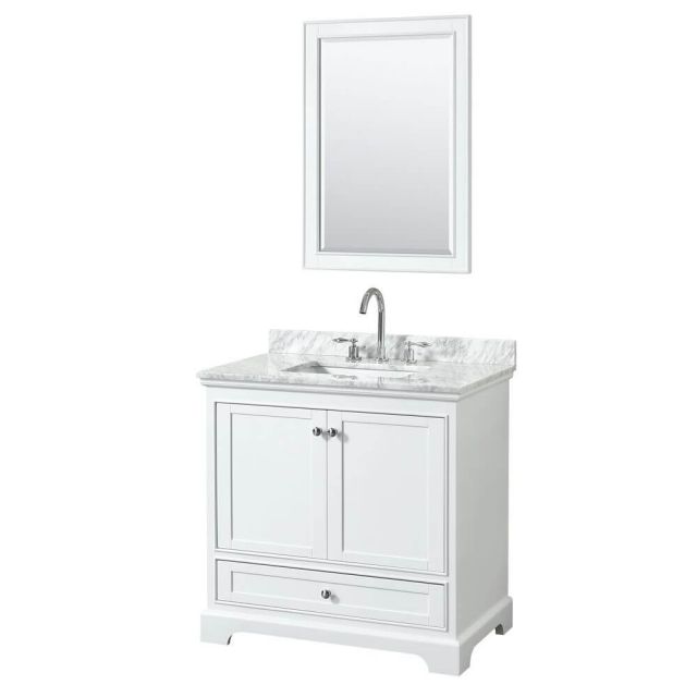 Wyndham Collection Deborah 36 Inch Single Bath Vanity In White With White Carrara Marble Countertop With Undermount Square Sink With 24 Inch Mirror - WCS202036SWHCMUNSM24