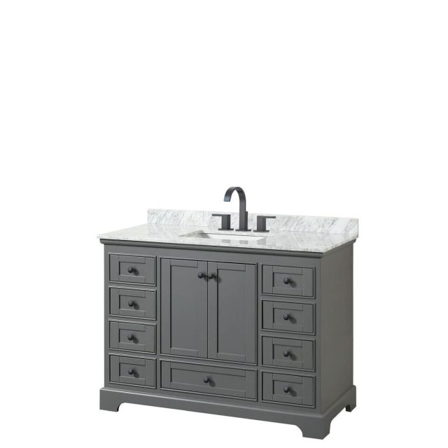 Wyndham Collection Deborah 48 inch Single Bathroom Vanity in Dark Gray with White Carrara Marble Countertop, Undermount Square Sink and Matte Black Trim WCS202048SGBCMUNSMXX