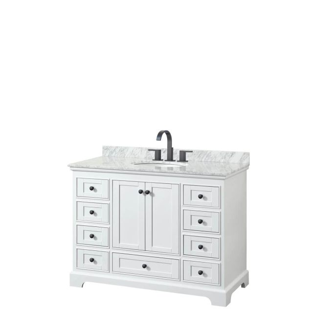 Wyndham Collection Deborah 48 inch Single Bathroom Vanity in White with White Carrara Marble Countertop, Undermount Oval Sink and Matte Black Trim WCS202048SWBCMUNOMXX