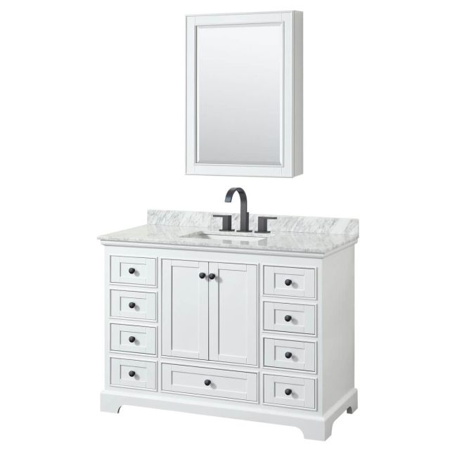 Wyndham Collection Deborah 48 inch Single Bathroom Vanity in White with White Carrara Marble Countertop, Undermount Square Sink, Matte Black Trim and Medicine Cabinet WCS202048SWBCMUNSMED