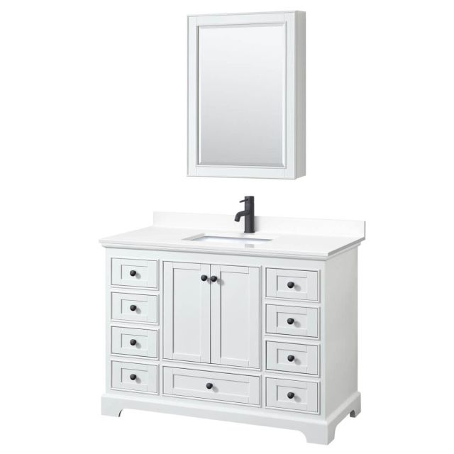 Wyndham Collection Deborah 48 inch Single Bathroom Vanity in White with White Cultured Marble Countertop, Undermount Square Sink, Matte Black Trim and Medicine Cabinet WCS202048SWBWCUNSMED