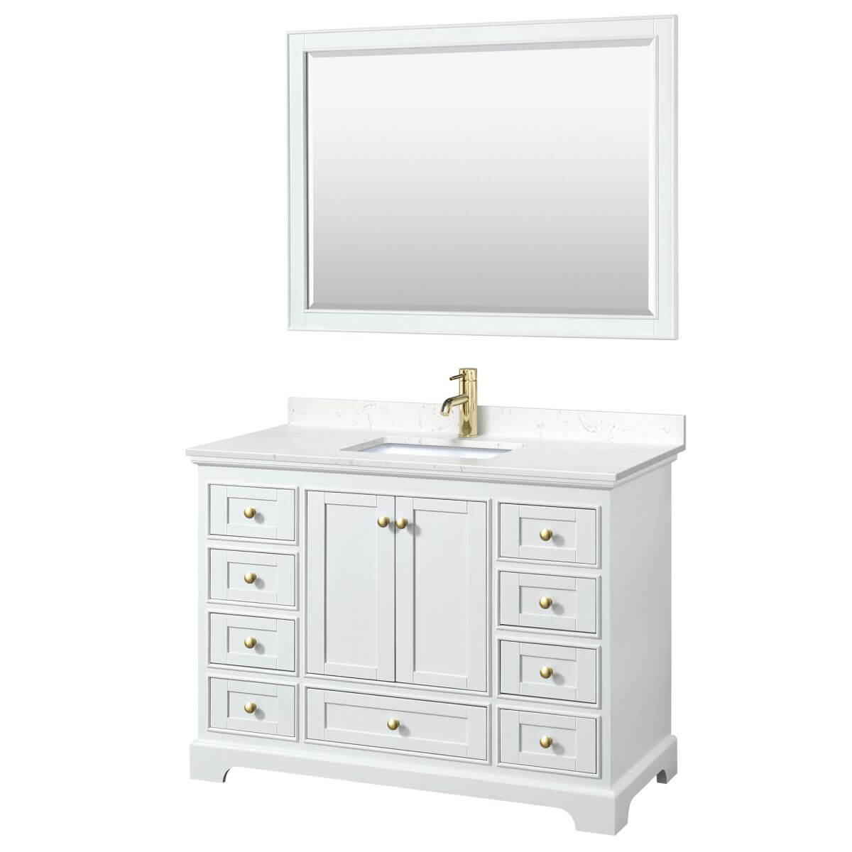 Wyndham Collection Deborah 48 inch Single Bathroom Vanity in White with Carrara Cultured Marble Countertop, Undermount Square Sink, Brushed Gold Trim and 46 inch Mirror - WCS202048SWGC2UNSM46