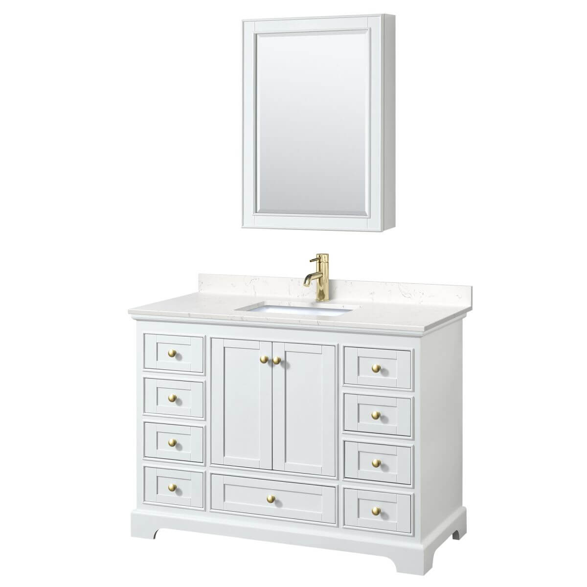 Wyndham Collection Deborah 48 inch Single Bathroom Vanity in White with Carrara Cultured Marble Countertop, Undermount Square Sink, Brushed Gold Trim and Medicine Cabinet - WCS202048SWGC2UNSMED