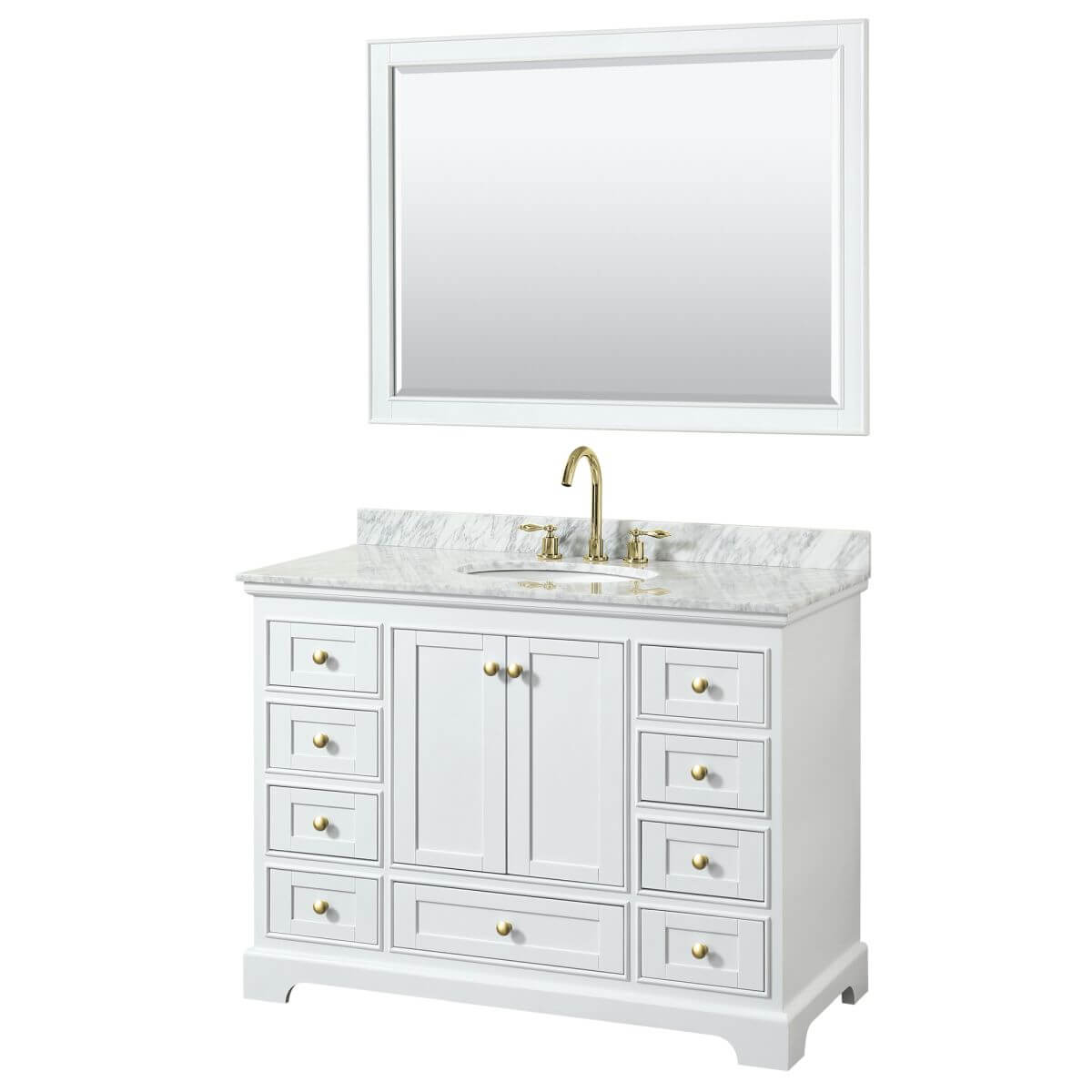 Wyndham Collection Deborah 48 inch Single Bathroom Vanity in White with White Carrara Marble Countertop, Undermount Oval Sink, Brushed Gold Trim and 46 inch Mirror - WCS202048SWGCMUNOM46