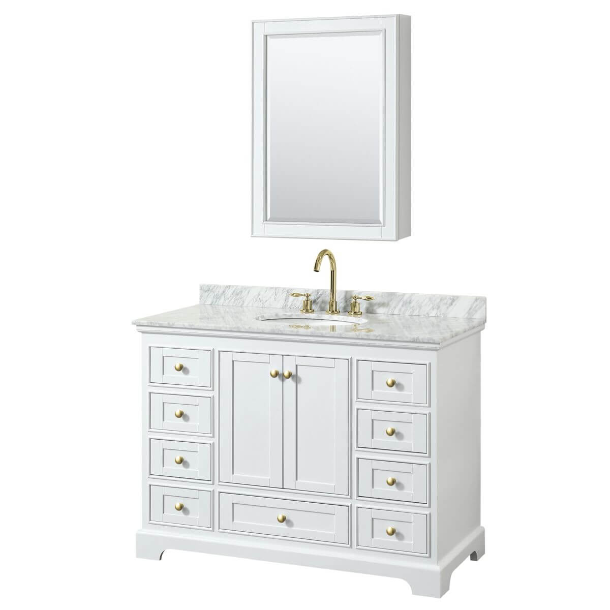 Wyndham Collection Deborah 48 inch Single Bathroom Vanity in White with White Carrara Marble Countertop, Undermount Oval Sink, Brushed Gold Trim and Medicine Cabinet - WCS202048SWGCMUNOMED