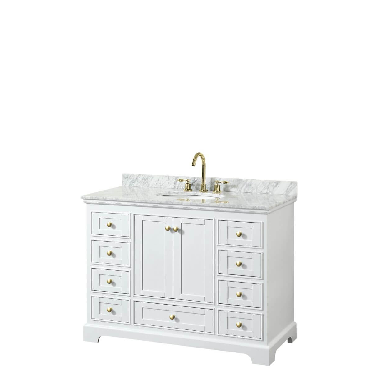 Wyndham Collection Deborah 48 inch Single Bathroom Vanity in White with White Carrara Marble Countertop, Undermount Oval Sink, Brushed Gold Trim and No Mirror - WCS202048SWGCMUNOMXX
