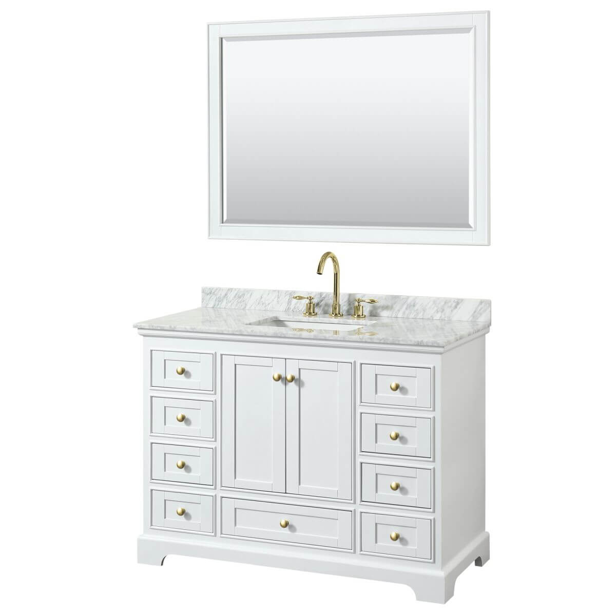 Wyndham Collection Deborah 48 inch Single Bathroom Vanity in White with White Carrara Marble Countertop, Undermount Square Sink, Brushed Gold Trim and 46 inch Mirror - WCS202048SWGCMUNSM46