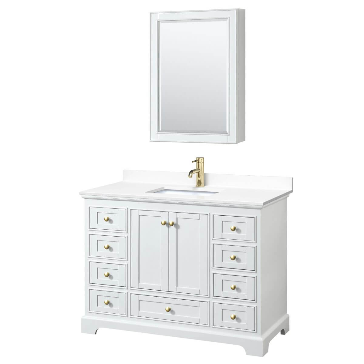 Wyndham Collection Deborah 48 inch Single Bathroom Vanity in White with White Cultured Marble Countertop, Undermount Square Sink, Brushed Gold Trim and Medicine Cabinet - WCS202048SWGWCUNSMED