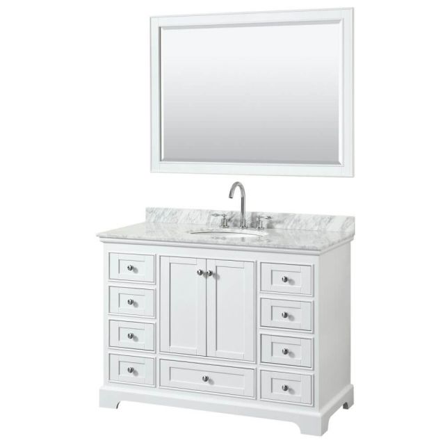 Wyndham Collection Deborah 48 inch Single Bath Vanity in White with White Carrara Marble Countertop, Undermount Oval Sink and 46 inch Mirror - WCS202048SWHCMUNOM46