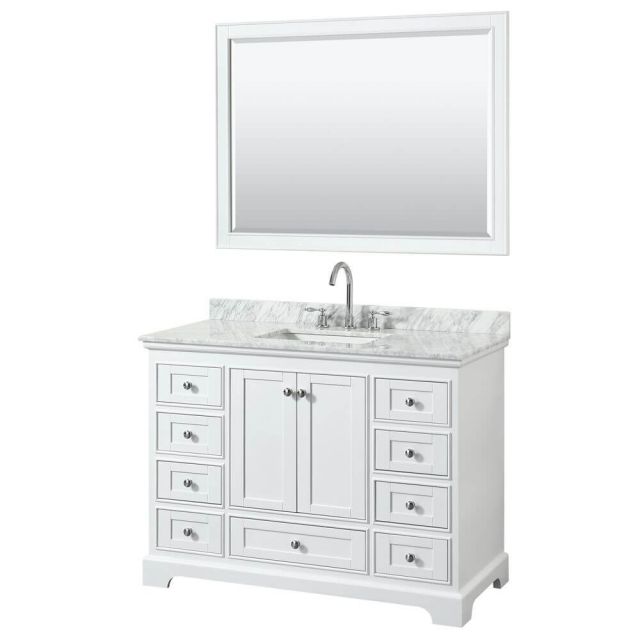 Wyndham Collection Deborah 48 Inch Single Bath Vanity In White With White Carrara Marble Countertop With Undermount Square Sink With 46 Inch Mirror - WCS202048SWHCMUNSM46