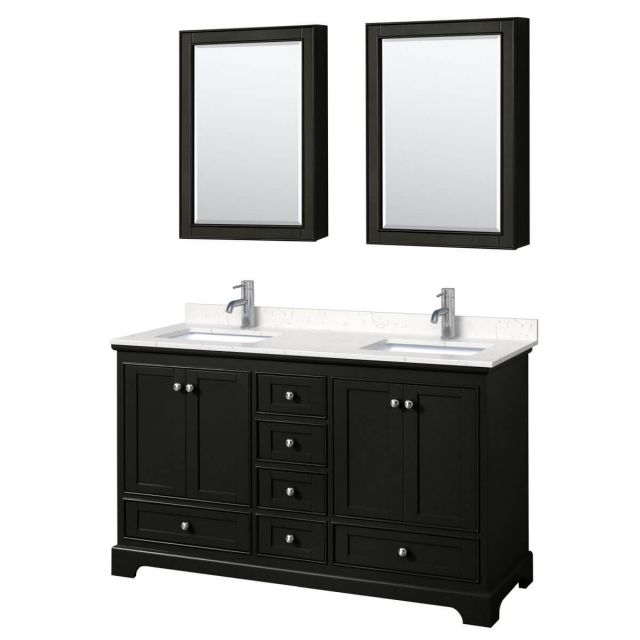 Wyndham Collection Deborah 60 inch Double Bathroom Vanity in Dark Espresso with Light-Vein Carrara Cultured Marble Countertop, Undermount Square Sinks and Medicine Cabinets - WCS202060DDEC2UNSMED