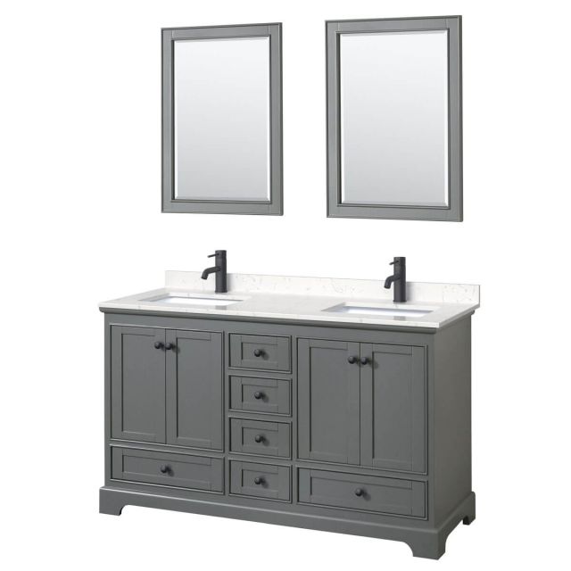 Wyndham Collection Deborah 60 inch Double Bathroom Vanity in Dark Gray with Carrara Cultured Marble Countertop, Undermount Square Sinks, Matte Black Trim and 24 Inch Mirrors WCS202060DGBC2UNSM24