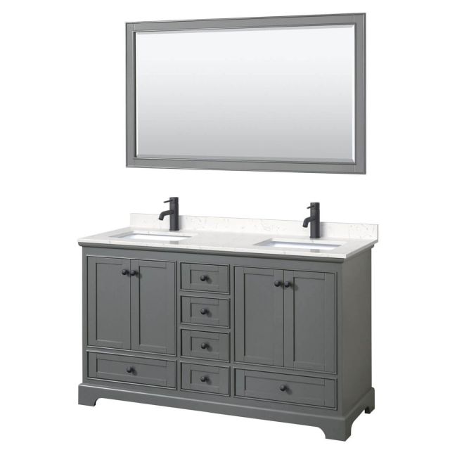 Wyndham Collection Deborah 60 inch Double Bathroom Vanity in Dark Gray with Carrara Cultured Marble Countertop, Undermount Square Sinks, Matte Black Trim and 58 Inch Mirror WCS202060DGBC2UNSM58