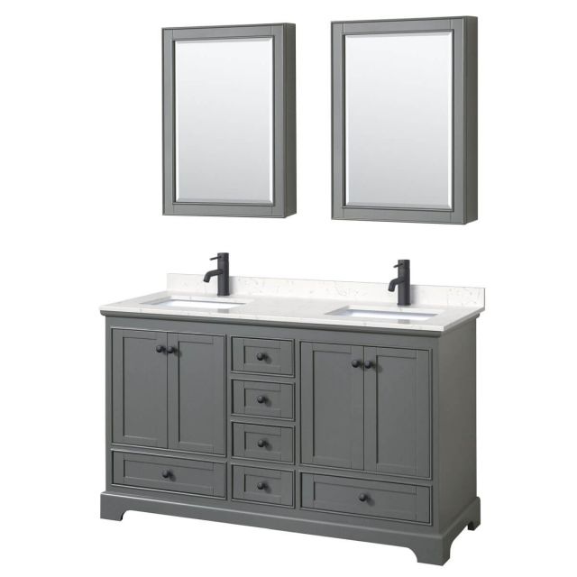 Wyndham Collection Deborah 60 inch Double Bathroom Vanity in Dark Gray with Carrara Cultured Marble Countertop, Undermount Square Sinks, Matte Black Trim and Medicine Cabinets WCS202060DGBC2UNSMED