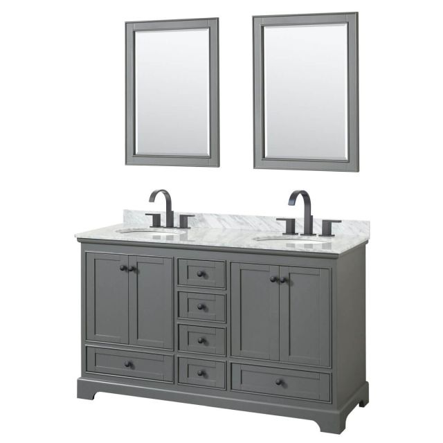 Wyndham Collection Deborah 60 inch Double Bathroom Vanity in Dark Gray with White Carrara Marble Countertop, Undermount Oval Sinks, Matte Black Trim and 24 Inch Mirrors WCS202060DGBCMUNOM24