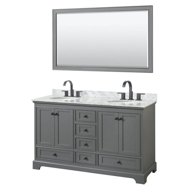 Wyndham Collection Deborah 60 inch Double Bathroom Vanity in Dark Gray with White Carrara Marble Countertop, Undermount Oval Sinks, Matte Black Trim and 58 Inch Mirror WCS202060DGBCMUNOM58