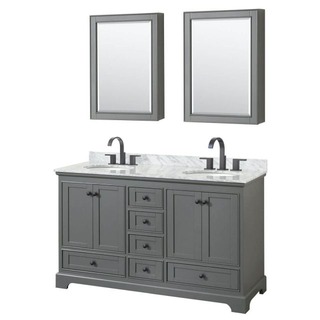 Wyndham Collection Deborah 60 inch Double Bathroom Vanity in Dark Gray with White Carrara Marble Countertop, Undermount Oval Sinks, Matte Black Trim and Medicine Cabinets WCS202060DGBCMUNOMED